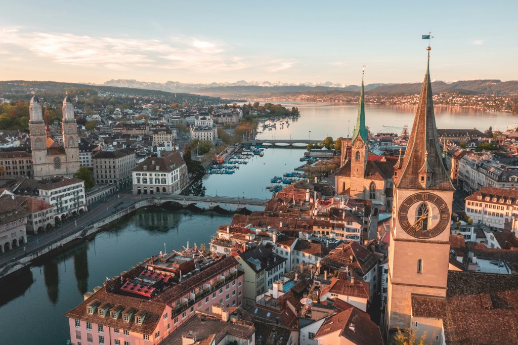 Aerial view of Zurich city and lake